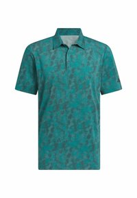 Teal polo shirt with a textured pattern, three-button placket, short sleeves, and subtle logo on the left sleeve.