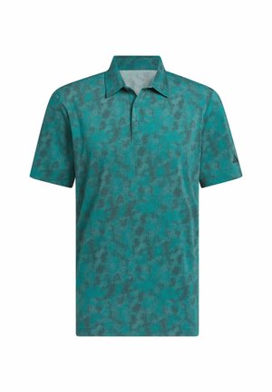 Tirkizna polo majica s teksturiranim uzorkom, tri gumba, kratki rukavi i suptilni logo na lijevom rukavu.