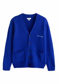 Blauwe gebreide cardigan met V-hals, vijf zwarte knopen, twee voorzakken, geribde manchetten en een geborduurd tekstdetail op de borst.