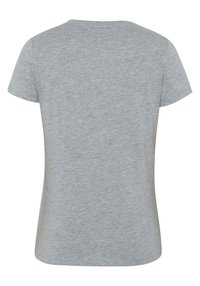 Graues T-Shirt mit kurzen Ärmeln und rundem Halsausschnitt, glatter Textur und schlichtem Design. Keine Muster oder bedruckte Details.