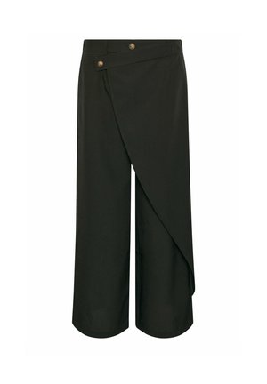 Pantalon noir à jambes larges avec un devant portefeuille asymétrique maintenu par deux boutons marron à la taille.