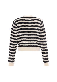 Maglione corto con righe orizzontali bianche e nere, texture a maglia, polsini e orlo a costine, scollatura rotonda e maniche lunghe.