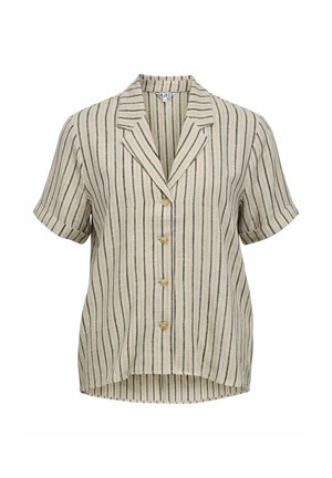 Chemise beige à manches courtes boutonnée avec des rayures verticales noires et rouges, un col cranté et un ourlet légèrement arrondi.