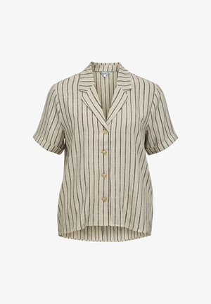 Beige kortermet knappeskjorte med vertikale svarte og røde striper, en hakket krage og en lett buet kant.