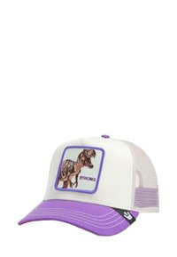 White trucker cap with purple visor and mesh backing. Features a dinosaur graphic and the word "STRONG" in purple. Curved bill design.