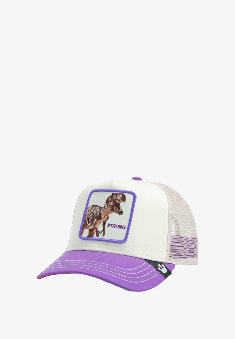 White trucker cap with purple visor and mesh backing. Features a dinosaur graphic and the word "STRONG" in purple. Curved bill design.