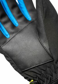 Black glove with a textured leather palm and blue fabric fingers. Features reinforced stitching and a secure wrist strap.