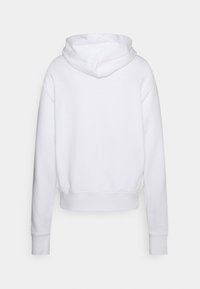 White cropped hoodie made of soft fabric, featuring a hood, long sleeves, ribbed cuffs, and a rounded hem. No visible logos or patterns.
