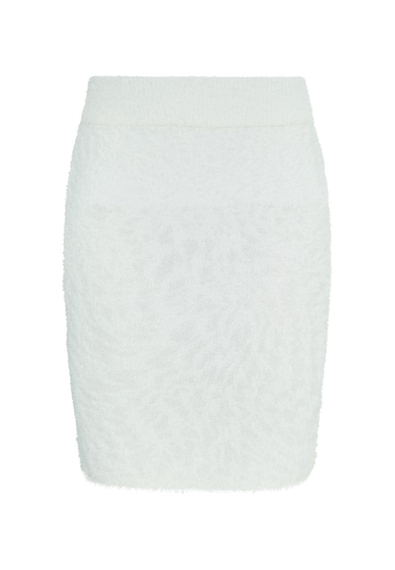 Witte, aangesloten kokerrok van zacht, gestructureerd stof met een gladde tailleband. Middellange stijl die veelzijdige styling mogelijk maakt.