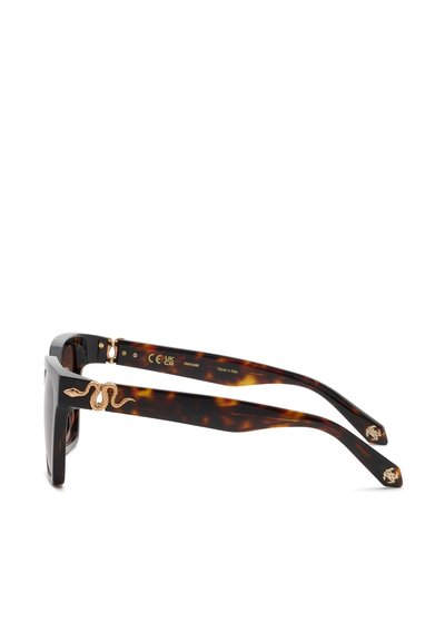 Lunettes de soleil en écaille noire avec des montures rectangulaires épaisses et un ornement en forme de serpent doré sur la branche.