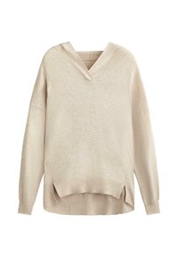 Beige, oversized pulóver V-nyakkal és kapucnival. Puha anyagból készült, bordás mandzsettákkal és aszimmetrikus hem-el oldalsó hasítottakkal.