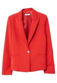 Blazer rosso realizzato in tessuto morbido, con rever a notched, chiusura con un singolo bottone e due tasche frontali con dettagli di cucitura discreti.
