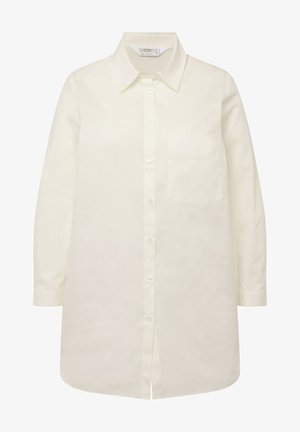 Weißes Langarmhemd aus glattem Stoff, mit Button-Down-Kragen, Frontknopfverschluss und einer einzelnen Brusttasche.