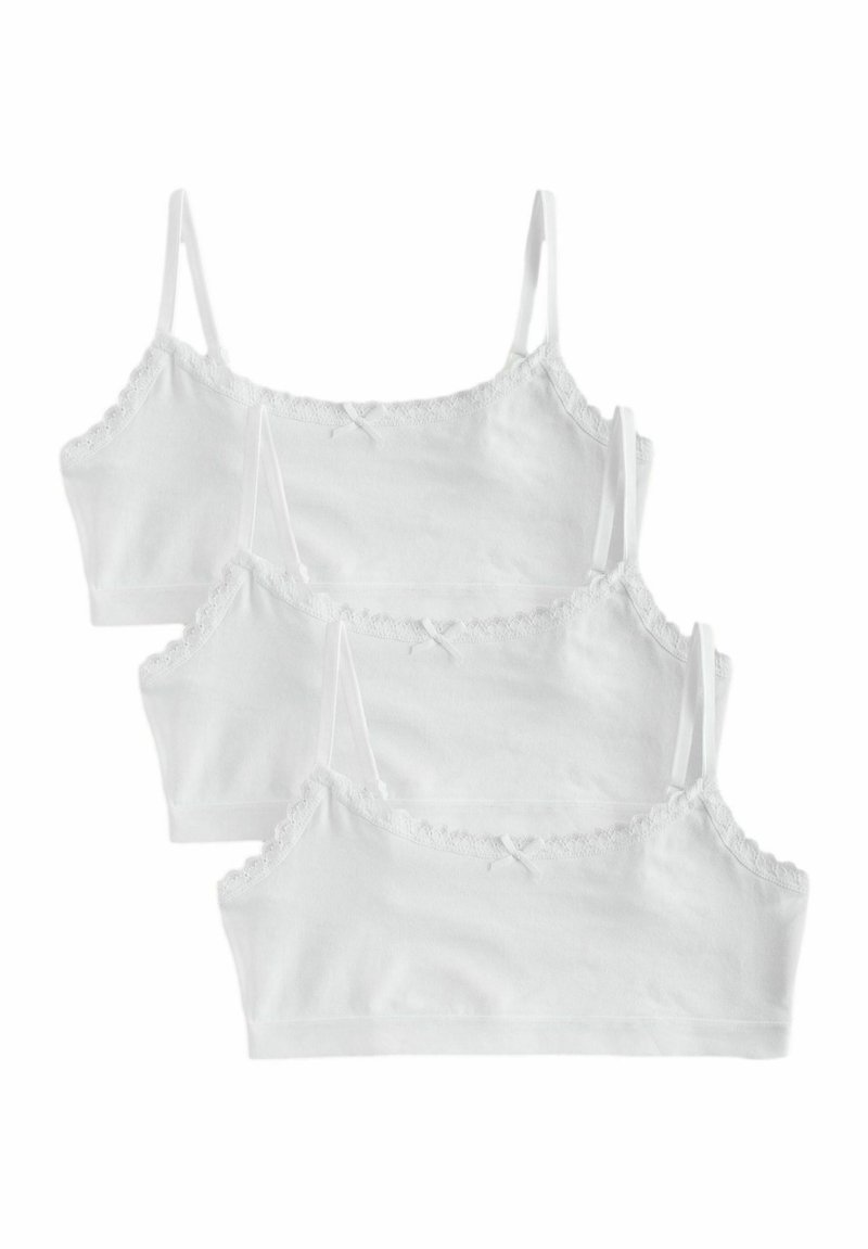 Bralette di cotone bianco in confezione da tre, con spalline regolabili e bordo in pizzo lungo il collo con un dettaglio a fiocco al centro.
