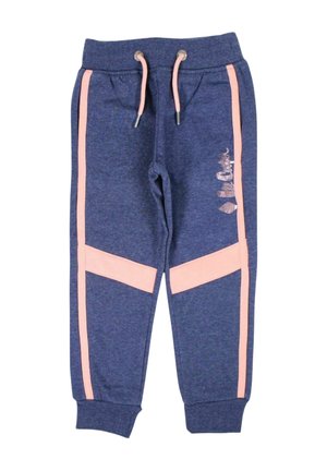 Pantaloni della tuta blu per bambini con strisce laterali rosa, vita con coulisse, polsini alle caviglie e pannelli diagonali rosa sulle gambe.