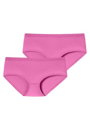 Zwei nahtlose rosa Hipster-Slips für Damen, flach liegend dargestellt, zeigen Vorder- und Seitenansichten auf weißem Hintergrund.
