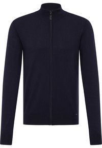 Navy zip-up cardigan with a high collar, long sleeves, ribbed cuffs and hem, crafted from a soft knit fabric. Detailed seam stitching visible.