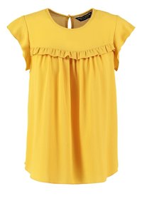 Blusa gialla in tessuto strutturato con scollatura arricciata e maniche corte, dotata di un piccolo apertura a chiave sul retro.