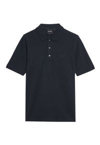 Polo de color azul marino con mangas cortas, tapeta de tres botones y un logo tonal en el lado izquierdo del pecho. Tela mezclada de algodón con textura suave.