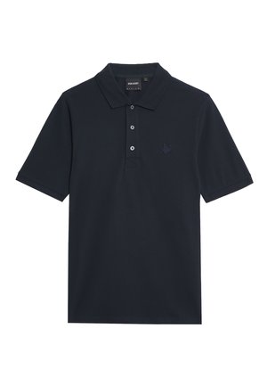 Navyblaues Poloshirt mit kurzen Ärmeln, Knopfleiste mit drei Knöpfen und einem tonalen Logo auf der linken Brust. Baumwollmischgewebe mit glatter Textur.
