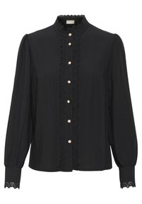 Blouse noire à manches longues avec col haut, dentelle, six boutons en perles et poignets décoratifs boutonnés avec détails en œillets.