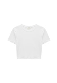 Hvid cropped t-shirt lavet af blødt bomuld. Har en rund hals og korte ærmer, med et enkelt, uprydet design.