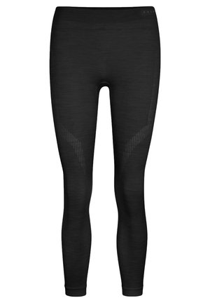 Schwarze sportliche Leggings aus einem strukturierten, dehnbaren Material. Verfügt über einen hohen Bund und geometrische Musterakzente an den Seiten.