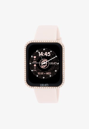 Orologio smartwatch quadrato con cinturino in silicone rosa, schermo touchscreen nero e lunetta decorata con cristalli trasparenti. Mostra l'ora e i dati relativi alla salute.