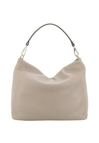 Beiger Leder-Umhängetasche mit lockerem Design, einem geschwungenen oberen Rand und einem dunklen Riemen. Mit goldfarbenen Beschlägen verziert.