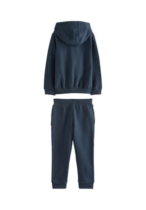 Marineblauer Sweatshirt- und Jogginganzug aus weichem Stoff. Das Sweatshirt verfügt über eine Kapuze und gerippte Bündchen; die Jogginghose hat einen elastischen Bund.