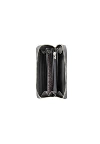 Šedá kožená peněženka se zipovým uzávěrem, obsahující několik přihrádek na karty a centrální přihrádku, uvnitř s vzorem názvu značky.