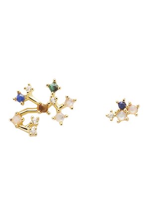 Gold-tone star-shaped earrings featuring colorful gemstones including blue, green, and pink, with small clear crystal accents.
