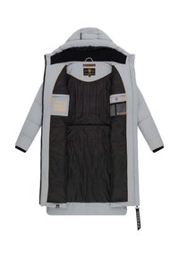 Manteau d'hiver long gris avec un intérieur matelassé noir, poches intérieures zippées et en mesh, et une capuche, présenté entièrement ouvert et à plat.