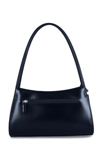 Zwarte leren schoudertas met een slank rechthoekig model en een horizontaal ritsvak aan de voorkant.