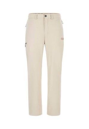 Pantalones de exterior beige con corte recto, confeccionados en tejido ligero. Cuentan con bolsillos laterales con cremallera y un parche con el logo en el muslo.