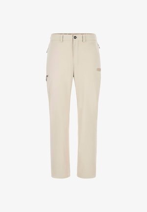 Beige buitenbroek met een rechte pasvorm, gemaakt van lichtgewicht stof. Voorzien van ritszakken aan de zijkanten en een logo-opdruk op de bovenbeen.