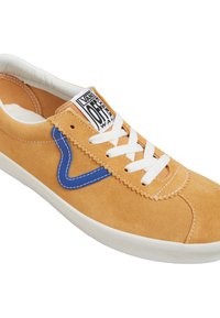 Suede sneaker in orange with white laces and a contrasting blue accent. Features a padded tongue and a textured sole for grip.