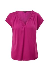 Blouse fuchsia à manches courtes, col en V avec détail volanté, et tissu lisse et léger. Coupe décontractée et ourlet droit.