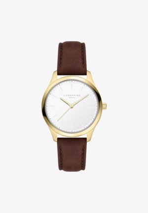 Runder analoger Uhr mit einem weißen Zifferblatt, goldfarbener Gehäuse und braunem Lederarmband. Verfügt über einfache Stundenmarkierungen und schlanke Zeiger.