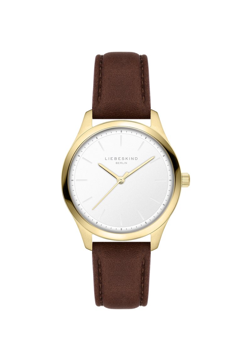 Orologio analogico tondo con quadrante bianco, cassa dorata e cinturino in pelle marrone. Presenta indicatori delle ore semplici e lancette sottili.