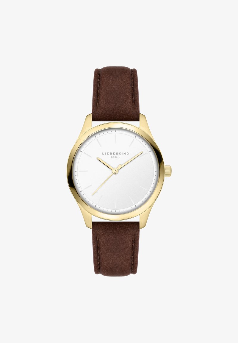 Orologio analogico tondo con quadrante bianco, cassa dorata e cinturino in pelle marrone. Presenta indicatori delle ore semplici e lancette sottili.