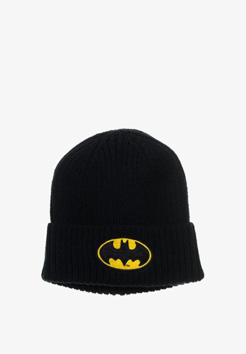 Black knitted beanie featuring a yellow Batman logo embroidered on the front. The hat has a ribbed texture and fold-over cuff.