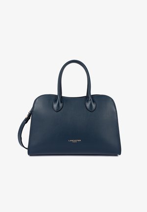 Sac à main en cuir bleu marine avec double poignées, bandoulière amovible et logo doré "Lancaster Paris" centré sur le devant.