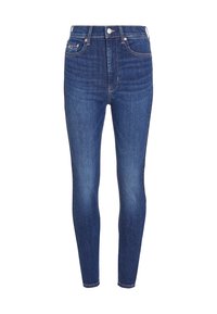 Oprijete kavbojke v temno modrem denimu, z visokim pasom, sprednjimi žepi in gumbom za zapiranje. Tkanina ima gladko teksturo in rahlo raztegljivost.