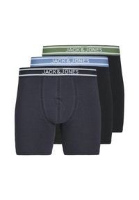 Three pairs of men's boxer briefs in black with green, blue, and black waistbands, each branded with "JACK & JONES" in white text.