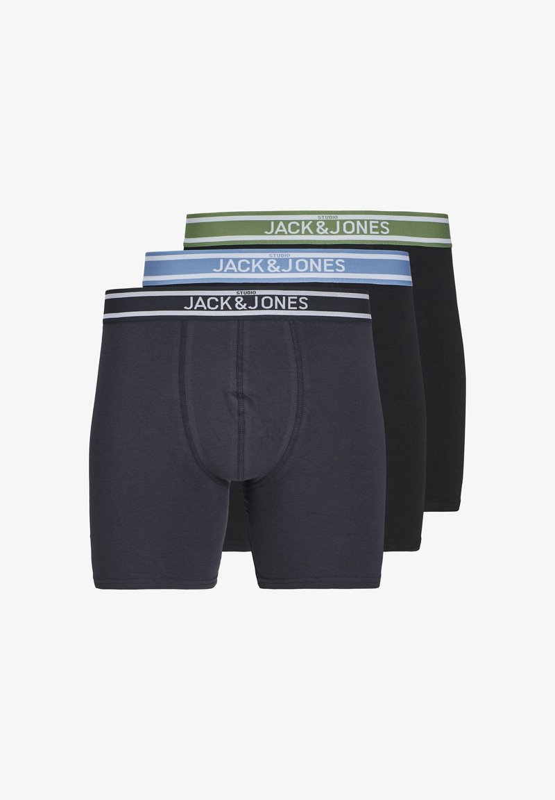 Three pairs of men's boxer briefs in black with green, blue, and black waistbands, each branded with "JACK & JONES" in white text.