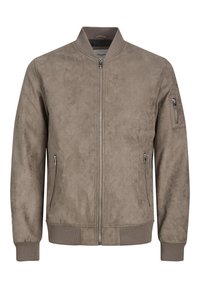 Cazadora bomber color topo hecha de un material similar ante, con cierre frontal, dos bolsillos laterales y puños y dobladillo acanalados.