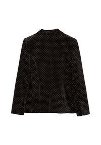 Blazer in velluto nero con motivo a pois dorati, maniche lunghe, rever a punta e silhouette sartoriale. La vista posteriore mostra le cuciture e la struttura.