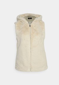 Beżowa kamizelka bez rękawów z sztucznego futra z kapturem, zapinana na zamek z przodu, miękka w dotyku, bez dodatkowych ozdób.