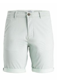 Světlé zelené šortky se strukturovaným vzorem, zapínáním na knoflík a ohrnutými manžetami. Vyrobeny z měkké látky s hladkým povrchem.